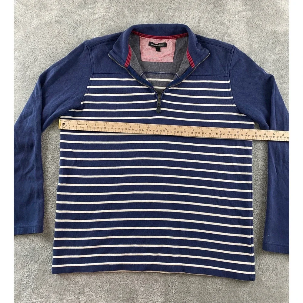Banana Republic Mens Navy Blue White Striped Quarter Zip Pullover Sweater Large